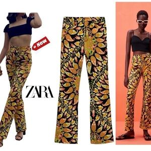 Zara paisley floral flower print pants 70’s yellow black orange Sz XS NWT